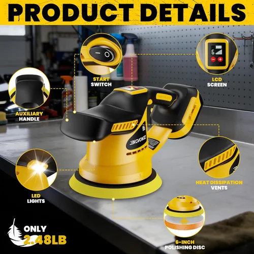 Miniatura 7 de Pulidora inalámbrica para batería Dewalt de 20 V, 450 W sin escobillas para coche, pulidora de cera con disco de 6 pulgadas, 6 velocidades variables