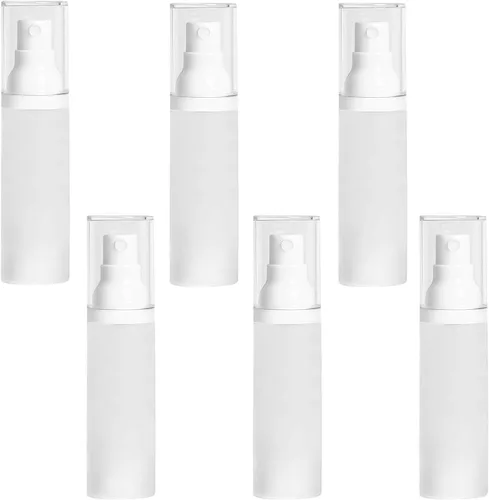 6 botellas vacías de espray de niebla fina de 1.0 fl oz/1 oz esmeriladas transparentes sin aire, botellas de spray de bomba cosmética recargables de