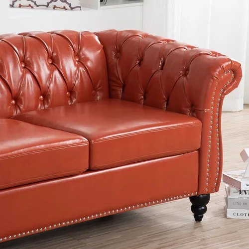 Miniatura 8 de Chesterfield - Sofá tapizado de piel sintética, con respaldo copetudo, sofá clásico de cuero de 3 plazas, brazo enrollado para sala de estar, Naranja