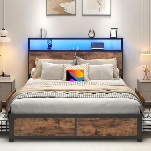 Miniatura 3 de Lifezone Estructura de Cama Full con Cabecero de Almacenamiento de 2 Niveles, Estructura de Cama de Plataforma de Metal con 4 Cajones de Marrón