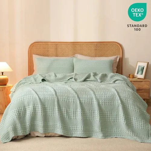 Miniatura 5 de PHF - Manta de punto gofre 100% algodón King, suave, ligera, transpirable, acogedora, de verano, para cama, tejida, estética, decoración del hogar