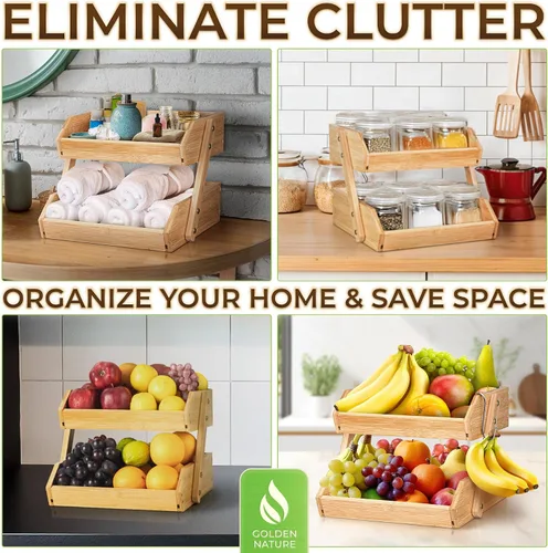 Miniatura 6 de Cesta de frutas con colgador de plátano – Organizador de almacenamiento de frutas y verduras de bambú de 2 niveles para encimera de cocina – Ligero