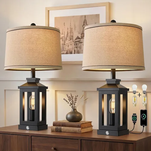 Miniatura 11 de G-SAFAVA Lámparas de mesa de granja de 23.75 pulgadas, puertos de carga USB A+C, lámpara de control táctil regulable de 3 vías, luz nocturna