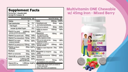 Miniatura 4 de BariatricPal Multivitamínico UNO 1 por día! Multivitamínico bariátrico masticable con 45 mg de hierro, bayas mixtas (30 unidades)