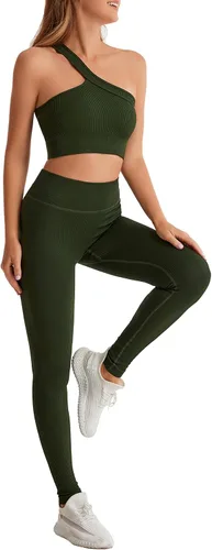 Miniatura 2 de Yknktstc Conjuntos de entrenamiento para mujer brasier deportivo acanalado sin costuras traje de 2 piezas cintura alta gimnasio yoga leggings