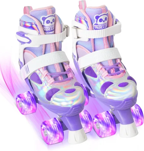 Miniatura 8 de Nattork Patines infantiles para niñas y niños, 4 tamaños ajustables de panda, patines cuádruples con todas las ruedas iluminadas, patines