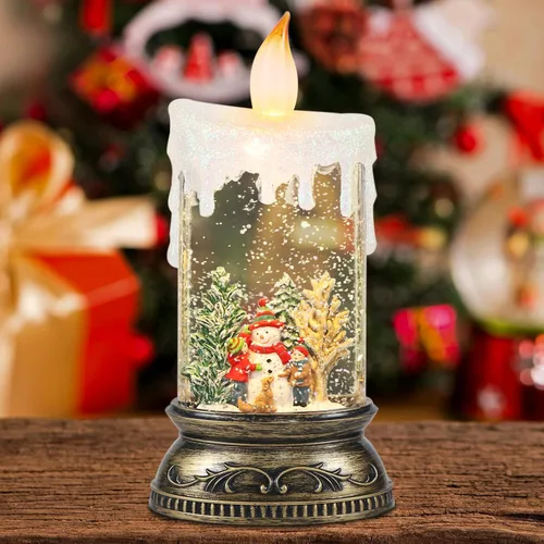 Miniatura 9 de GenSwin Vela de Globo de Nieve de Navidad, Vela Brillante Giratoria con Temporizador, Música y 3 Escenas de Muñeco de Nieve, Linterna