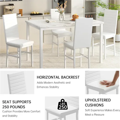 Miniatura 8 de Juego de mesa de comedor Hooseng para 4, juego de mesa de cena de 5 piezas con mármol sintético y 4 sillas tapizadas de cuero PU, juego de mesa