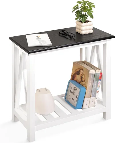 Miniatura 11 de Mesa auxiliar de granja, mesa auxiliar estrecha para sala de estar, mesas auxiliares delgadas con estante de almacenamiento, mesita de noche de 2