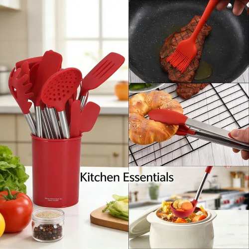 Miniatura 3 de Juego de utensilios de cocina de silicona de 15 piezas con asas de acero inoxidable, espátulas de cocina y cucharas, calor, silicona antiadherente