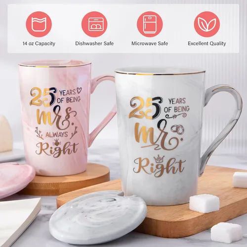 Miniatura 2 de Biching Regalos de Boda del 25º Aniversario, 25 Años de Ser Mr Right & Mrs Always Right Taza de Café Regalos para Parejas Padres Mujeres Hombres