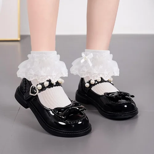 Miniatura 7 de Looching 5 pares de calcetines de encaje con volantes y lazo con volantes de malla con ojales de princesa, calcetines de vestir al tobillo