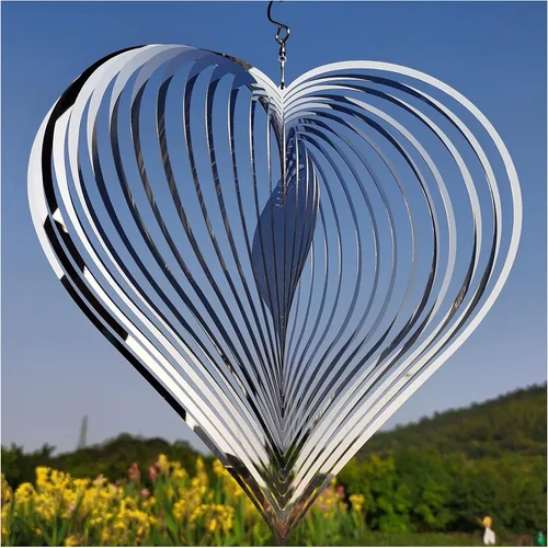 DJUAN Giradores de Viento para Exteriores Decoraciones de Metal, Giradores de Viento de Corazón Plateado para Patio y Jardín, Campanillas de Viento