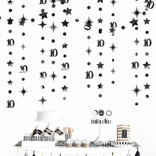 Miniatura 4 de Decoraciones negras de cumpleaños número 10, guirnalda de estrellas centelleantes con diseño de círculos, telón de fondo metálico para niñas, niños