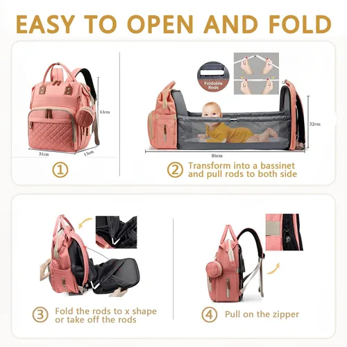 Miniatura 3 de GurZinn Mochila para pañales con cambiador portátil, mochila multifunción 3 en 1, mochila de viaje para mamá, cochecito rosa