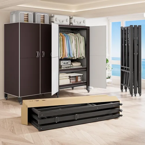 Miniatura 20 de Perchero cubierto resistente con puerta magnética, plegable, portátil, para colgar ropa, perchero de metal negro con ruedas (negro, 49.12 pulgadas)