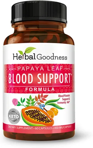 Herbal Goodness Cápsulas de apoyo de sangre de hoja de papaya - Salud de plaquetas y médula ósea, apoyo inmunológico y limpieza de sangre - Cápsulas