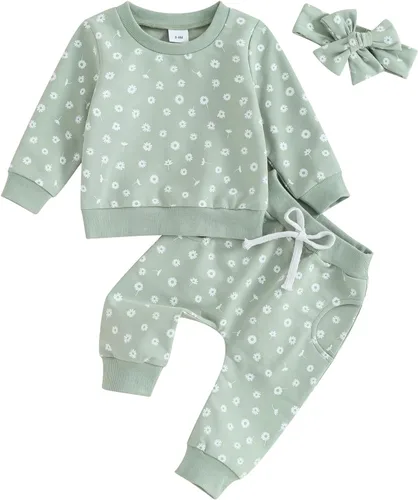 Mandizy Conjunto de ropa de bebé niña otoño 3 6 9 12 18 24 meses sudadera de manga larga y pantalones con estampado floral y diadema