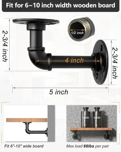 Miniatura 2 de LuckIn Soportes de estante de tubo para estantes flotantes de 6, 8, 10 pulgadas, soporte de tubo de hierro industrial, soportes de estantería