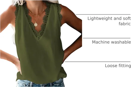Miniatura 40 de VIISHOW - Camiseta sin mangas, sexy, con cuello en V y bordes de encaje para mujer, camisola de vestir, camisas de gasa, sin mangas, casuales