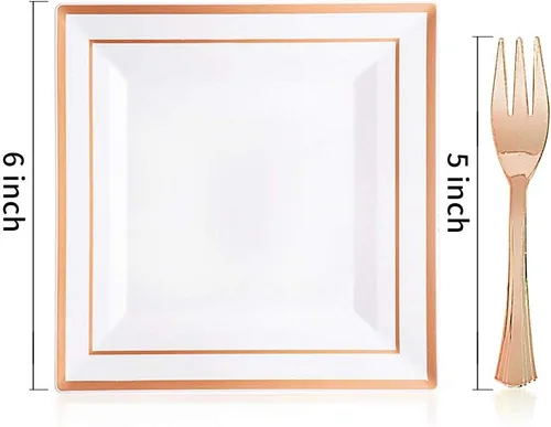 Miniatura 9 de WDF 86 platos de postre de oro rosa de 6 pulgadas con 86 tenedores desechables de 5 pulgadas, elegantes platos de plástico cuadrados para el día