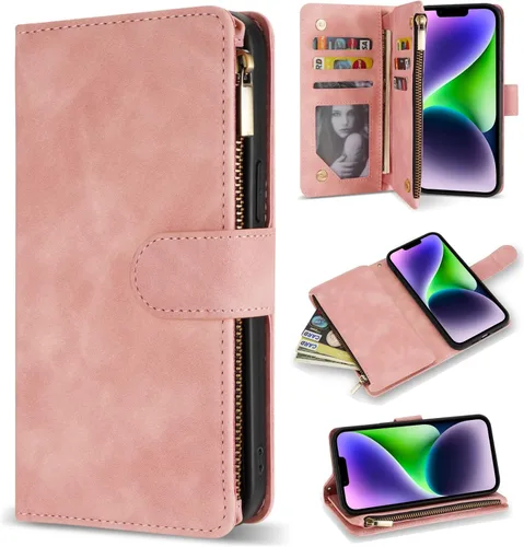 Miniatura 26 de ZZXX Funda tipo cartera para iPhone 14 Plus con [Bloqueo RFID] Ranura para tarjetas Cuero PU suave premium con cremallera tipo folio plegable