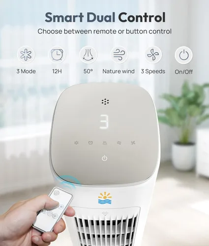Miniatura 11 de Enfriador de aire evaporativo portátil, ventiladores de enfriamiento 3 en 1 que soplan aire frío con tanque de agua de 3 L, ventilador de torre