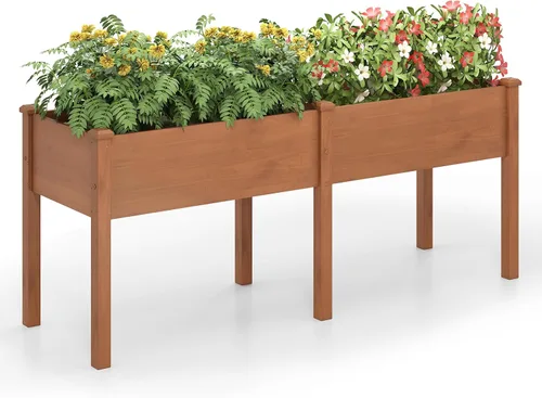 Miniatura 10 de HAPPYGRILL - Cama de jardín elevada, caja de jardín de madera para exteriores con patas, agujeros de drenaje, tela de revestimiento de jardín negra