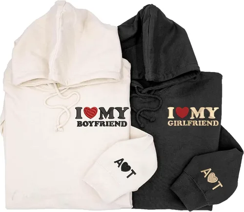 Sudadera bordada personalizada con texto en inglés "I Love My Girl Friend and Boyfriend" y sudadera con capucha con nombres para parejas en la manga