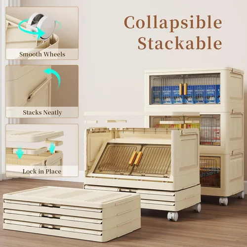 Miniatura 6 de 3 niveles de contenedores de almacenamiento de plástico apilables con tapas de 28QT, organizadores de armario plegables y almacenamiento con ruedas