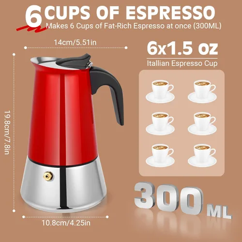 Miniatura 6 de Olla de moka de 6 tazas (300 g) para espresso en cocina, olla de acero inoxidable 304, compatible con inducción, roja Rojo