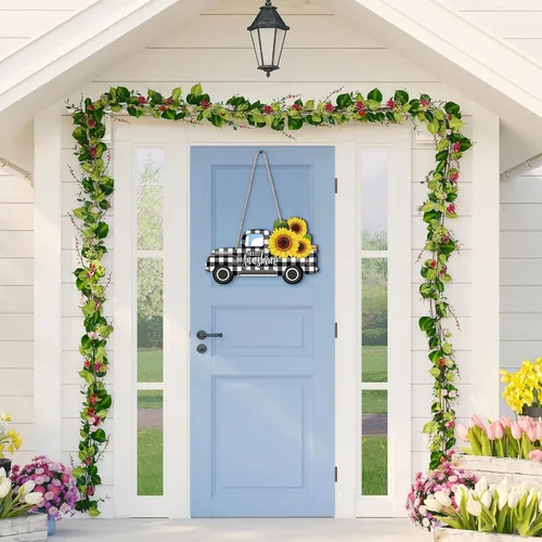 Miniatura 6 de 2 piezas de girasol de verano para puerta de bienvenida, letrero colgante de madera para camión con diseño de girasol Hello Sunshine Wall Porche Art
