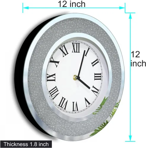 Miniatura 5 de DMDFIRST Reloj de Espejo Redondo Plateado Brillante de 12 pulgadas. Reloj de Pared Espejado Glamoroso Centelleante Brillante para Decoración