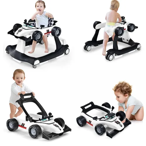 HONEY JOY Andador de bebé 4 en 1, andador de actividad con empuje con 3 alturas ajustables, ruedas suaves con velocidad ajustable, asiento Blanco