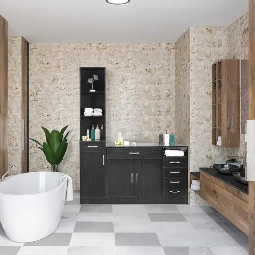 Miniatura 4 de BNSPLY Armario alto de baño, gabinete estrecho de lino delgado con estantes abiertos de 3 niveles y cajón, torre de lino independiente para baño