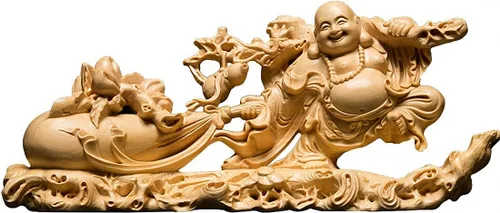 Miniatura 13 de Estatua de Buda Maitreya Maitreya tallada a mano de boj natural (ventilador de bolsa de tela)