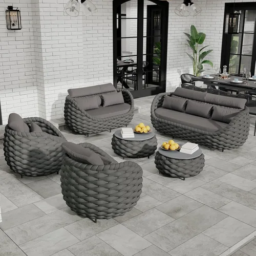 Miniatura 35 de Juego de muebles de patio de cuerda de 4 piezas: conjunto de sofás al aire libre de aluminio acolchado - sofá de conversación moderno ensamblado