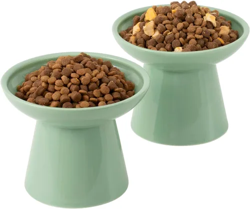 Miniatura 19 de CEEFU 2 cuencos elevados de cerámica para gatos extra anchos para alimentos y agua, plato de comida poco profunda, sin plomo ni cadmio, altura Verde