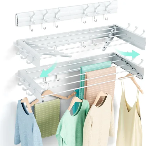 Miniatura 11 de Estante de secado plegable para montar en la pared, ahorro de espacio, de acero inoxidable de 23.5 pulgadas, con varillas reforzadas resistentes