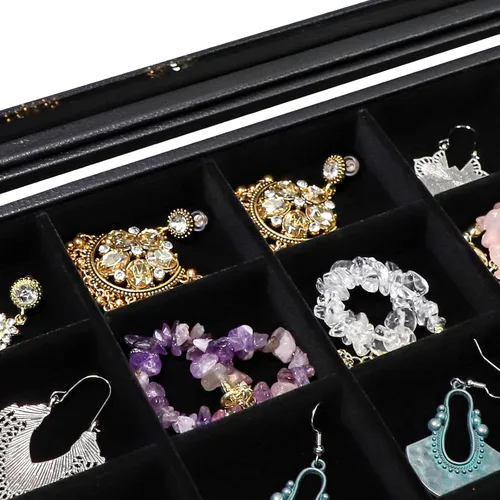 Miniatura 3 de Wudygirl Bandeja organizadora de joyas con tapa transparente de 30 rejillas, apilable, caja de almacenamiento de joyas, anillos, aretes, collares