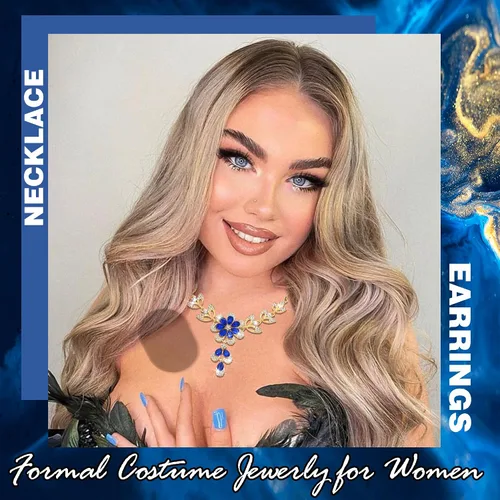 Miniatura 6 de Gold Blue Jewelry Set Diamond Black Flower Teardrop Necklace Earrings Rhinestone Crystal Wedding Prom Formal Trendy Jewelry Accessories for Brides