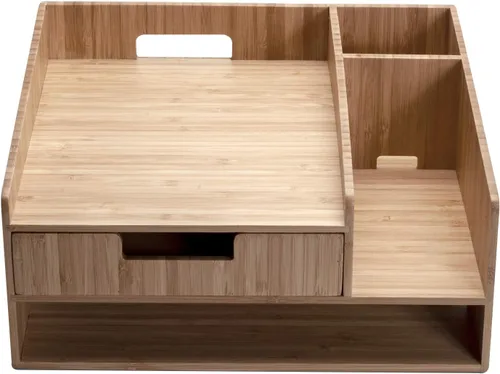 Miniatura 4 de MobileVision Soporte de teléfono de bambú con cajón, bandeja de papel y soporte para lápices, solución de almacenamiento para productos de oficina