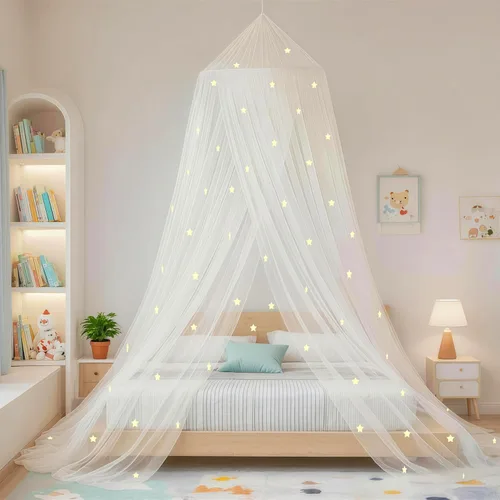 Miniatura 8 de Toldo de cama de princesa que brilla en la oscuridad, toldo de cama de copos de nieve de Navidad para decoración de habitación de niñas, tela
