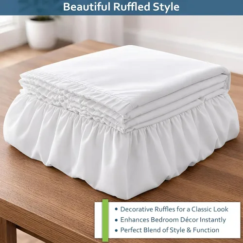 Miniatura 4 de Expertise Falda de cama de ajuste a medida, sin arrugas, con volantes para polvo, 100% microfibra, con esquinas divididas y volantes, falda de cama