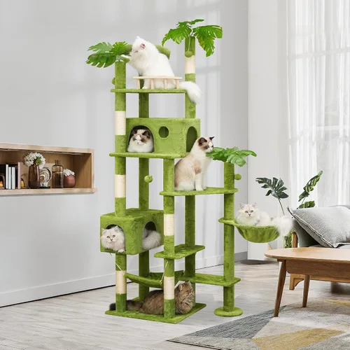 Miniatura 6 de Meecal Árbol para Gatos de 65 Pulgadas de Alto con Hojas para Gatos de Interior, Torre Verde para Gatos con Poste Rascador, Hamaca Colgante, Percha