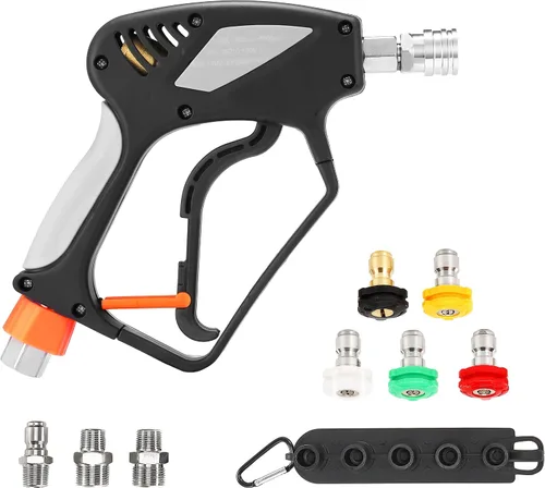 PWACCS Pistola de lavado a presión con giro, pistola corta de lavadora eléctrica con conector rápido de 3/8 pulgadas, ajuste M22 de 14 mm/15 mm, 5