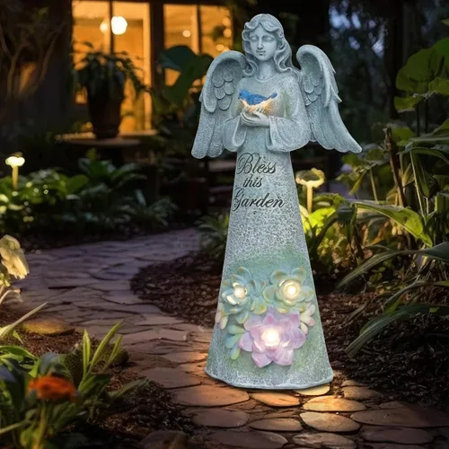 Miniatura 6 de Estatua de jardín de ángeles, decoración al aire libre, jardín de ángel sosteniendo pájaro con luces solares, regalos de jardinería para mamá