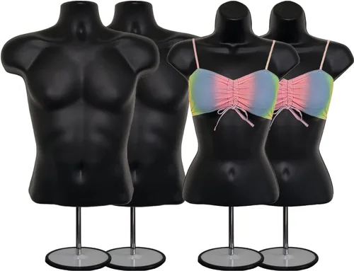 Miniatura 19 de Torso de maniquí masculino y femenino con soporte de metal, cuerpo hueco en la espalda, forma de vestido apilable para exhibición de camisetas, Gris