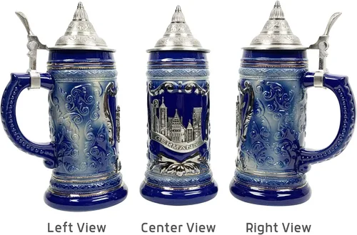 Miniatura 4 de Essence of Europe Gifts OktoberfestHaus - Jarra de cerveza alemana de Rothenburg con emblema de metal en una jarra de cerámica con tapa de 0,6