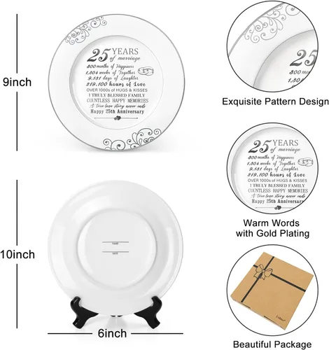 Miniatura 3 de Urllinz Plato del 25º Aniversario con Lámina de Platino - Plata 25 Años Aniversario de Matrimonio Regalos de Boda para Pareja Ella Él Esposo Esposa